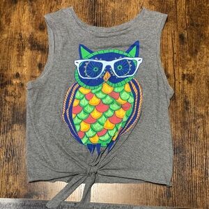 Girls' Grey Tie-Front Tank with Colorful Owl Graphic